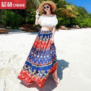 Off-shoulder Lace Top / Patterned Chiffon Skirt
