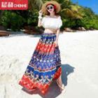 Off-shoulder Lace Top / Patterned Chiffon Skirt