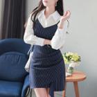 Set: Sleeveless Draped Wrap-hem Stripe Dress + Shirt Navy Blue - One Size