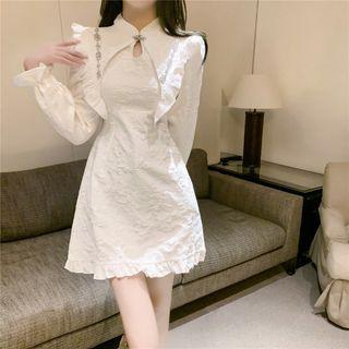 Long-sleeve Rhinestone Embellished Frill Trim Mini A-line Qipao Dress