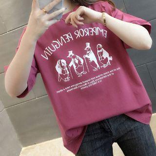 Penguin Print Distressed Elbow-sleeve T-shirt