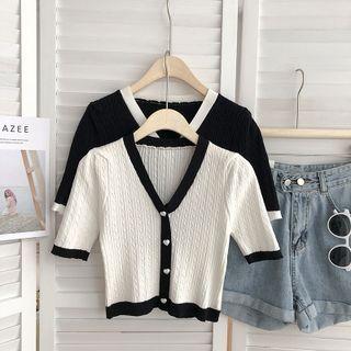 Short-sleeve V-neck Contrast Trim Cropped Cardigan