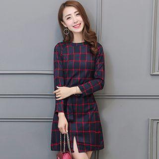 Long-sleeve Check Slit-front Dress