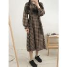 Bishop-sleeve Plaid Long Flare Dress