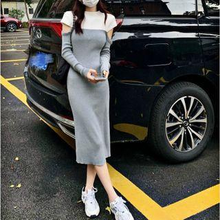Cut-out Two-tone Knit Midi Sheath Dress