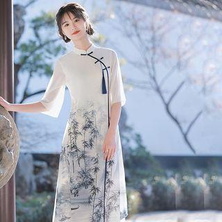 Bell-sleeve Print Maxi Qipao Dress