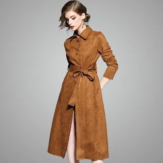 Plain Tie-waist Button Coat