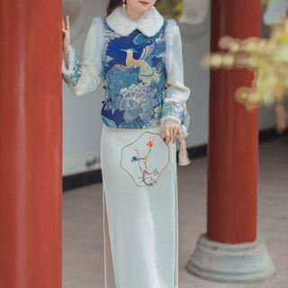 Set: Slit Midi Qipao + Fluffy Collar Vest
