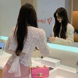 Long-sleeve Ribbon Lace Crop Top Beige - One Size