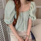 Puff-sleeve Plaid Blouse Green - One Size