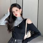 Long Sleeve Turtleneck Cut-out Shoulder Two Tone Knit Top
