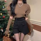 Puff-sleeve Knit Crop Top With Gloves / Asymmetrical High-waist Shorts