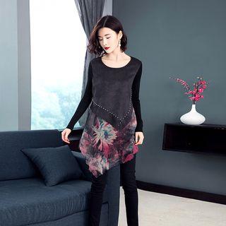 Faux Suede Panel Knitted Long-sleeve Top