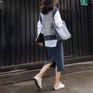 Set: Knit Vest + Midi Fitted Skirt + Shirt