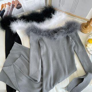 Off-shoulder Furry-trim Skinny Mini Dress