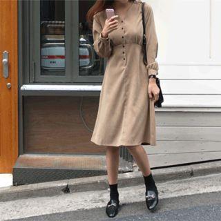 V-neck Faux-suede Midi Flare Dress Beige - One Size