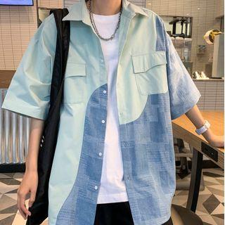 Elbow-sleeve Two-tone Cargo Shirt