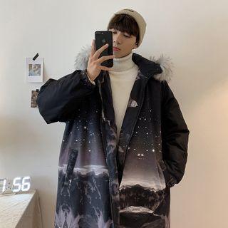 Printed Long-sleeve Faux Fur Hooded Zipped Jacket