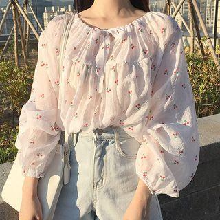 Lace-up Cherry Print Long-sleeve Top As Shown In Figure - One Size