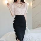 Set: Short-sleeve Cutout Blouse + Button-side Midi Pencil Skirt