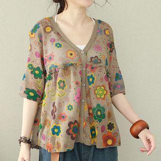 Floral Button Jacket Coffee - One Size