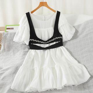 Set: Puff-sleeve Shirred A-line Dress + Cropped Camisole Top Dress - White - One Size / Camisole Top - Black - One Size