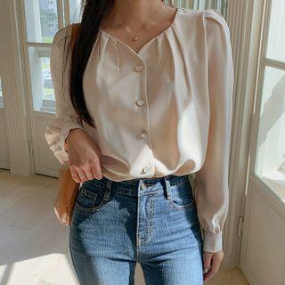 Puff-sleeve Pleated-trim Blouse