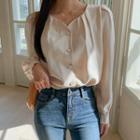 Puff-sleeve Pleated-trim Blouse