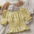 Off-shoulder Smocked-waist Floral Top