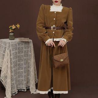 Puff-sleeve Lace Panel Blouse / Midi A-line Skirt