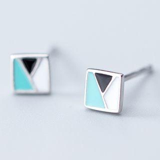 925 Sterling Silver Color Panel Ear Stud 1 Pair - S925 Silver - Square - Blue & Black & White - One Size