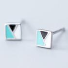 925 Sterling Silver Color Panel Ear Stud 1 Pair - S925 Silver - Square - Blue & Black & White - One Size
