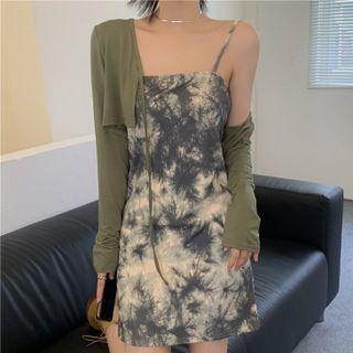 Set: Spaghetti Strap Tie Dye Mini Dress + Long-sleeve Tie-strap Cropped Cardigan Set - Dress - Dark Green & Cardigan - Green - One Size
