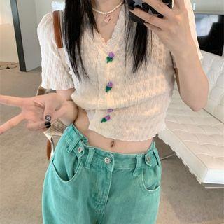 Short-sleeve V-neck Flower Accent Knit Crop Top Almond - One Size