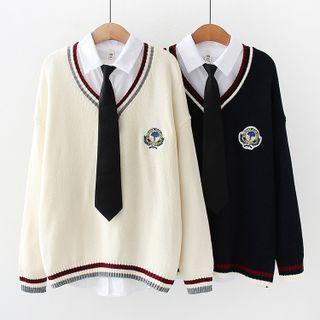 Tie-neck Shirt / Badged Sweater