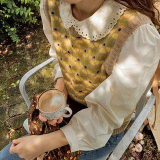 Floral Patterned Knit Vest Beige - One Size