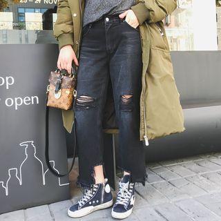 Ripped Fray Hem Straight Cut Jeans