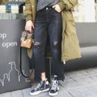 Ripped Fray Hem Straight Cut Jeans
