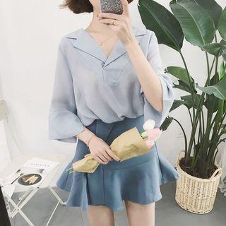 Plain 3/4-sleeve Loose-fit Chiffon Shirt