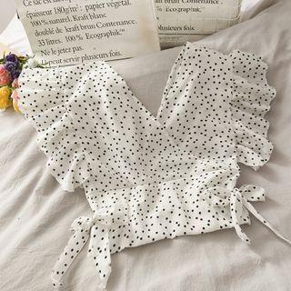 Ribbon-waist Ruffled Dotted Crop Top