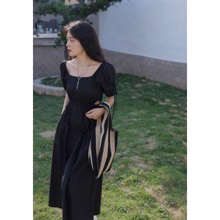 Cutout Drawstring-waist Midi A-line Dress