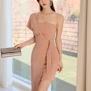 One Shoulder Tie Waist Sheath Dress