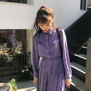 Floral Long-sleeve Midi Chiffon Shirt Dress