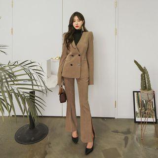 Set: Collarless V-neck Blazer + Slit Boot-cut Dress Pants