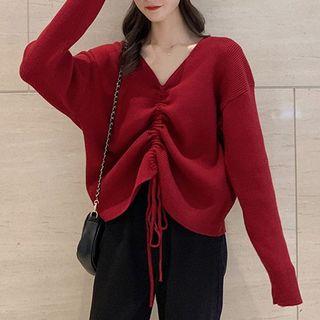 Cropped V-neck Drawstring Sweater
