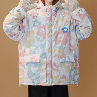 Floral & Bear Print Hooded Jacket