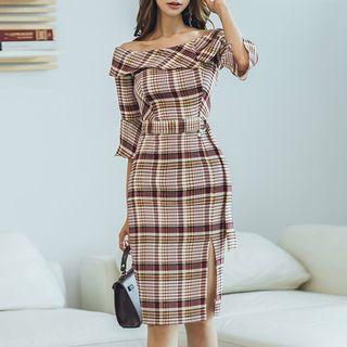 Off-shoulder Elbow-sleeve Plaid Sheath Dress