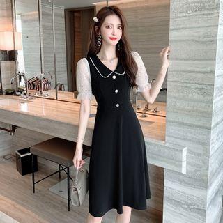 Short-sleeve Sequined Collared A-line Dress