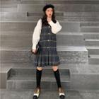 Plain Puff-sleeve Shirt / Check Pleated Dress