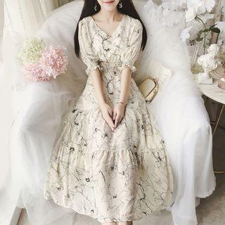 Printed Elbow-sleeve Midi Chiffon Dress White - One Size